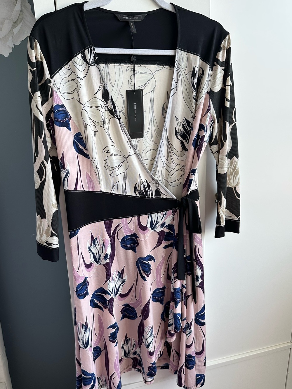 BCBGMaxAzria Pink Floral Wrap Dress with Black Accents